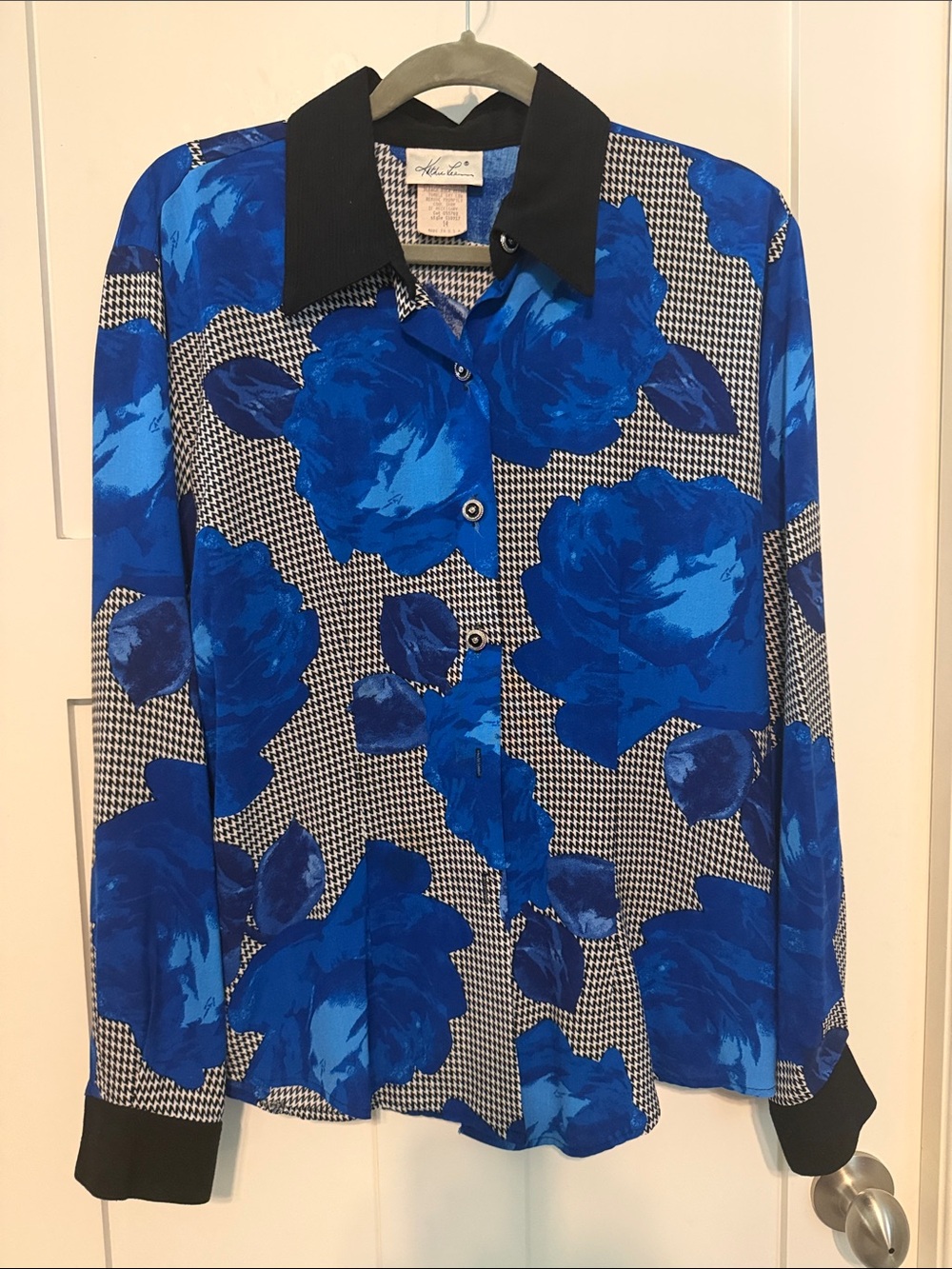 Vintage 90s Kathie Lee Royal Blue Floral Houndstooth Button Blouse